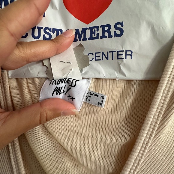 Princess Polly Mini Dress Ruched Bodycon Long Sleeve Button Up Beige Size 6 - Picture 2 of 6